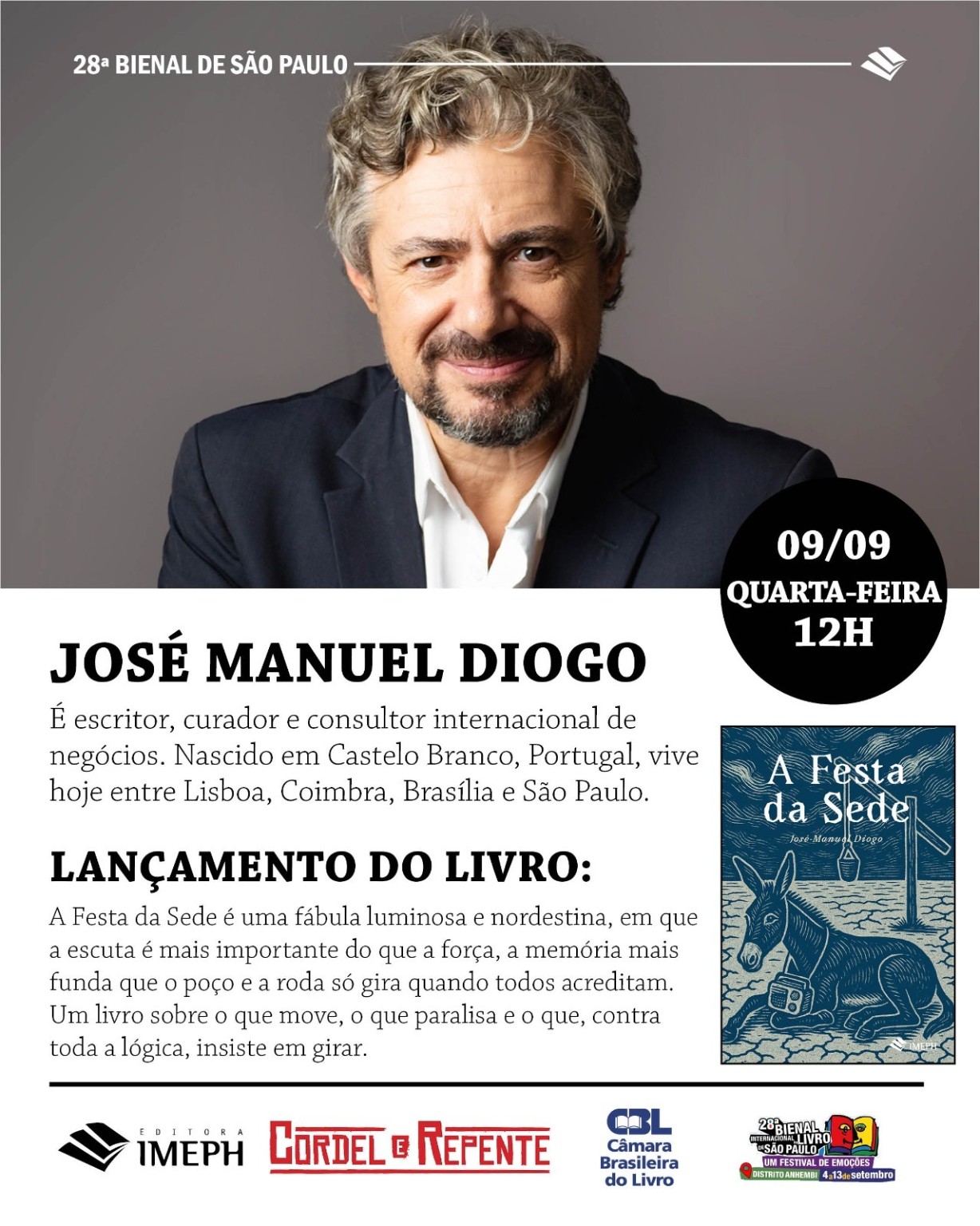 Cartaz integral do lançamento de A Festa da Sede na 28ª Bienal do Livro de São Paulo