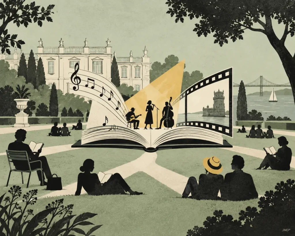 Livro aberto transforma-se em palco, música e cinema nos jardins de Belém — ilustração JMD®