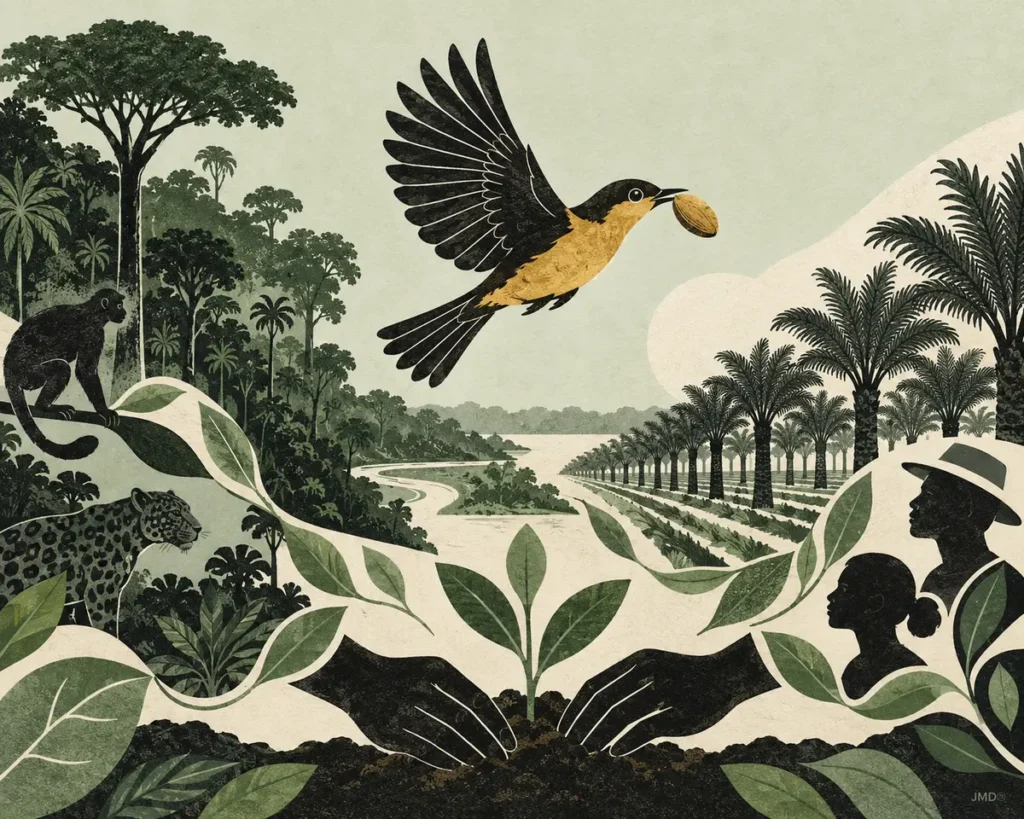 Sabiá leva uma semente entre a floresta amazónica e plantações de dendê — ilustração JMD®
