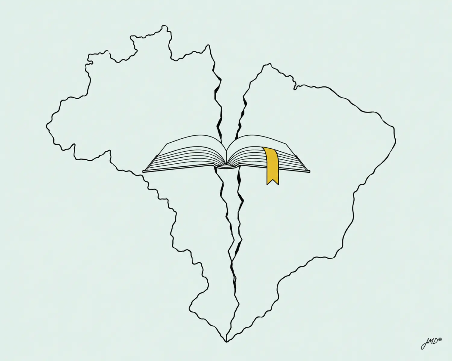 Livro aberto faz uma ponte sobre a fratura que divide o mapa do Brasil, em ilustração editorial JMD®.