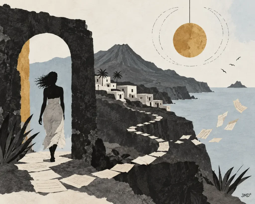 Ilustração editorial de uma mulher diante de uma aldeia insular e de um vulcão, inspirada no romance A Louca de Serrano