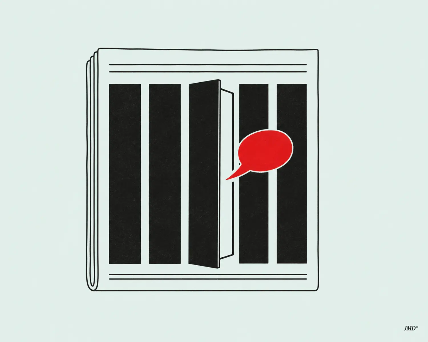 Ilustração editorial de um jornal cujas colunas se abrem para deixar passar uma voz vermelha.