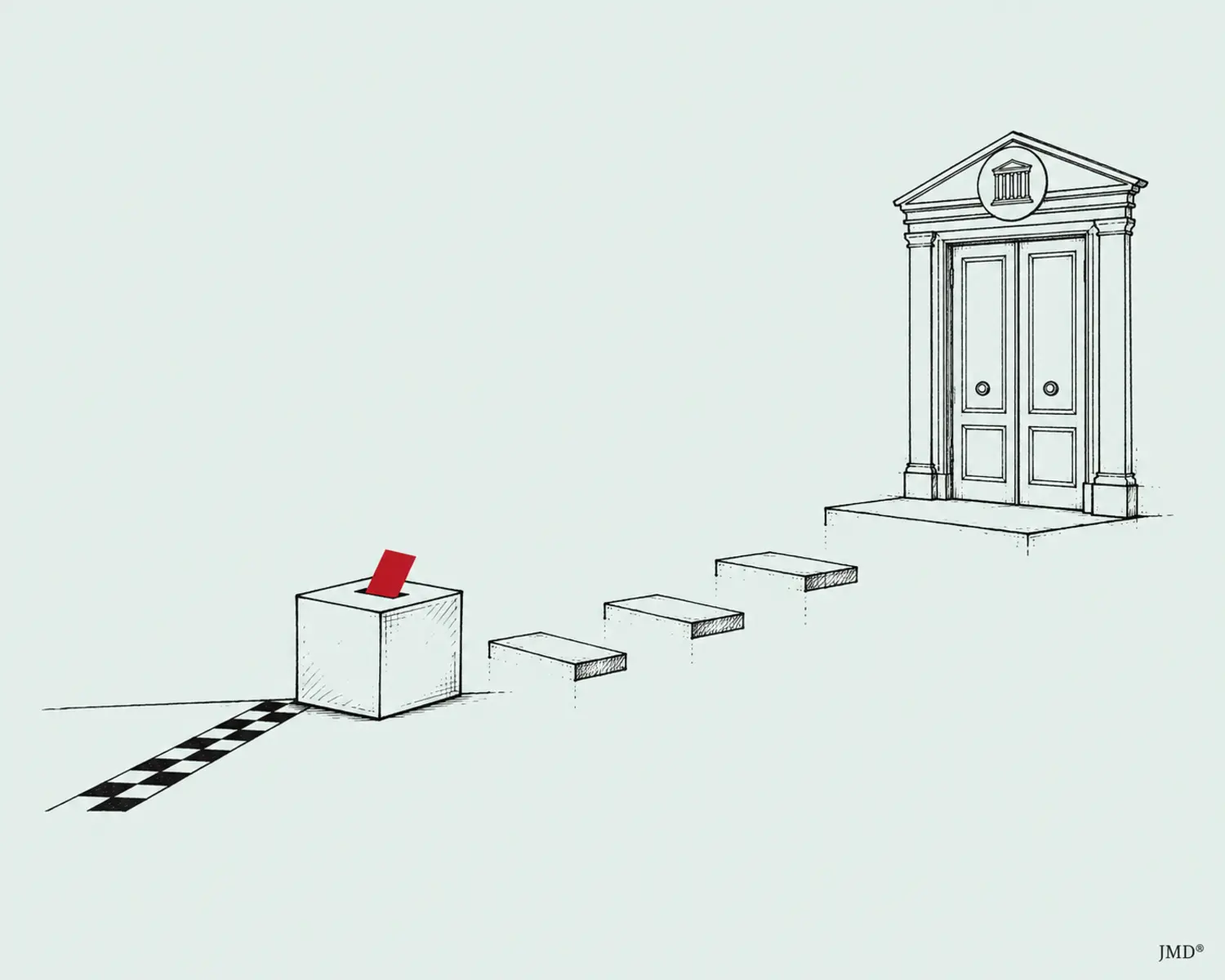 Urna diante de três degraus antes da porta do governo, ilustração editorial sobre a vitória da AfD na Saxónia-Anhalt