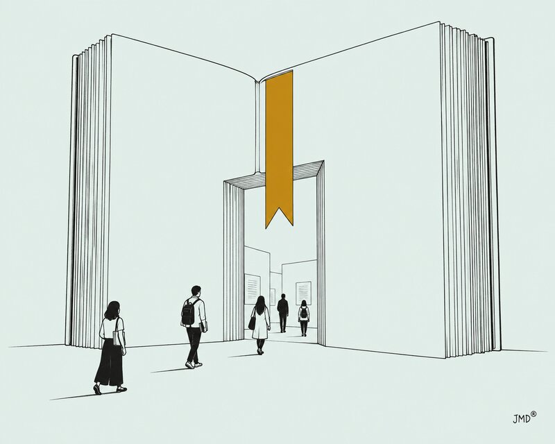 Ilustração editorial de um livro monumental transformado em pavilhão, com leitores a entrar e marcador amarelo-torrado