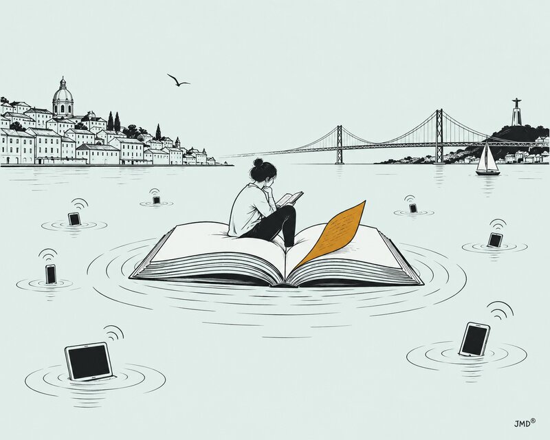 Ilustração editorial de uma leitora sobre um livro-ilha cercado por ecrãs, com uma página amarelo-torrada