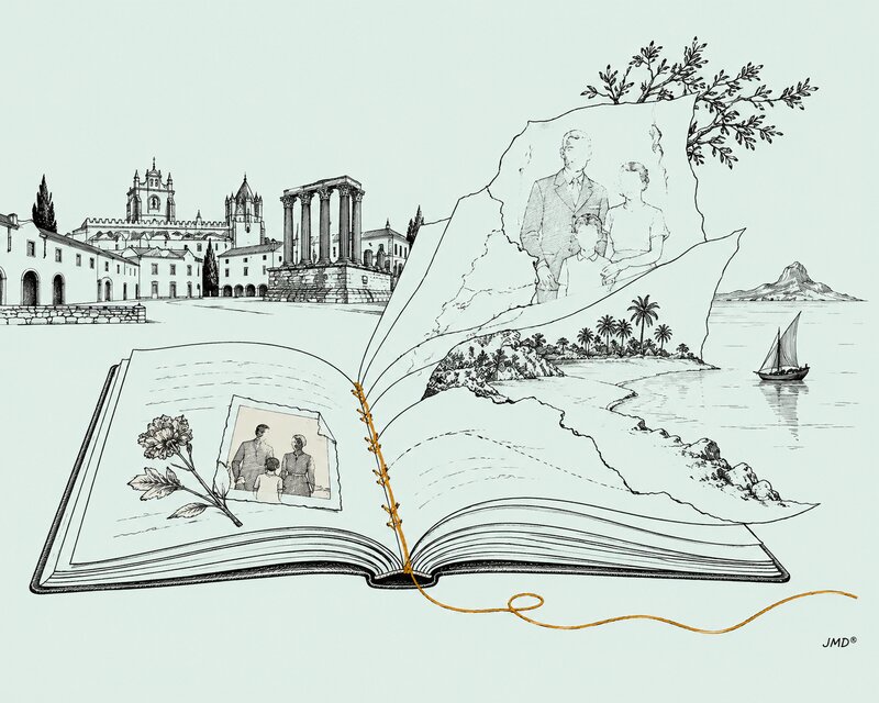 Ilustração editorial de um caderno de memórias cujas páginas formam paisagens ligadas por fio amarelo-torrado