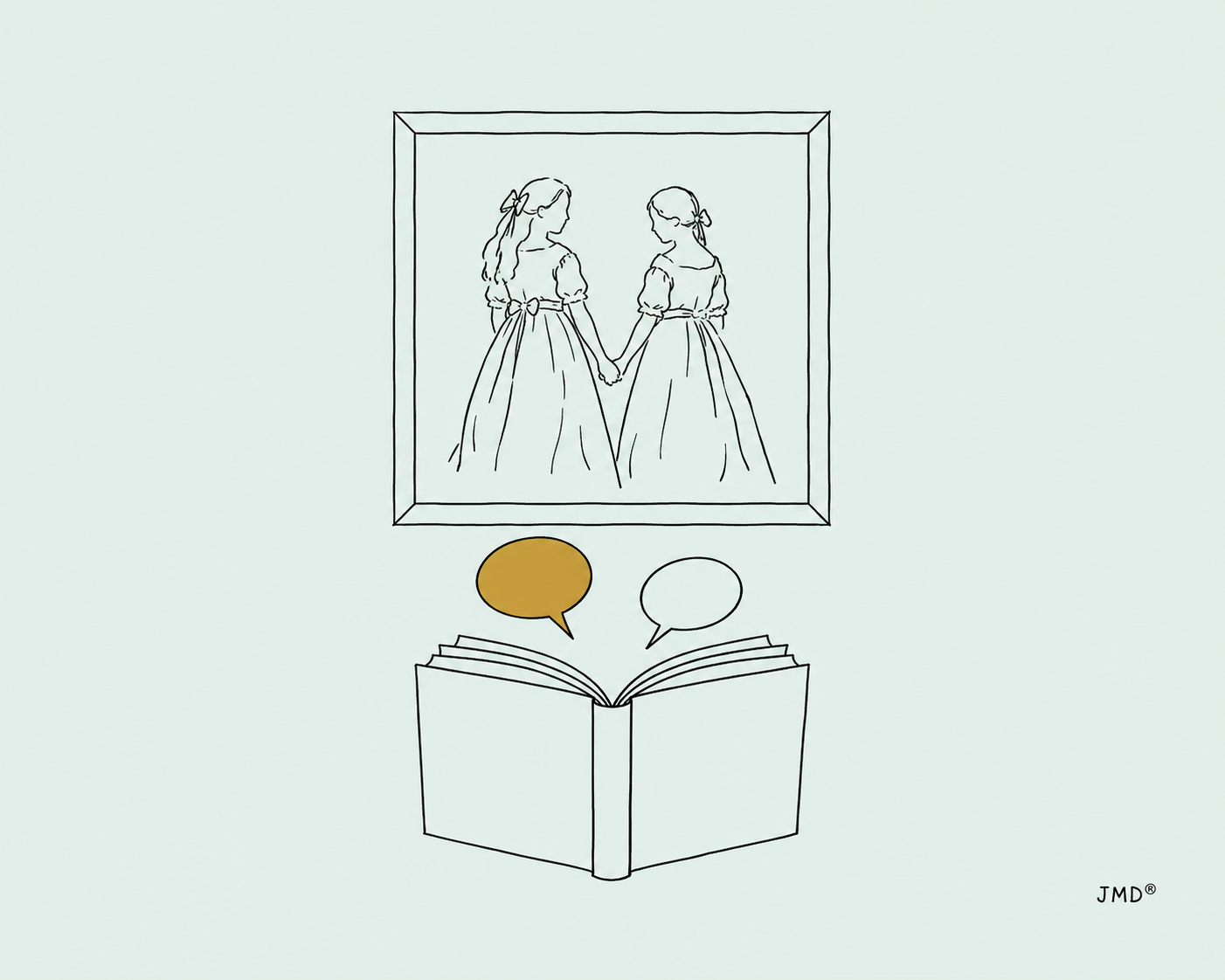 Livro aberto e balões de conversa sob uma moldura com duas meninas. Detalhe amarelo-torrado e assinatura JMD®.