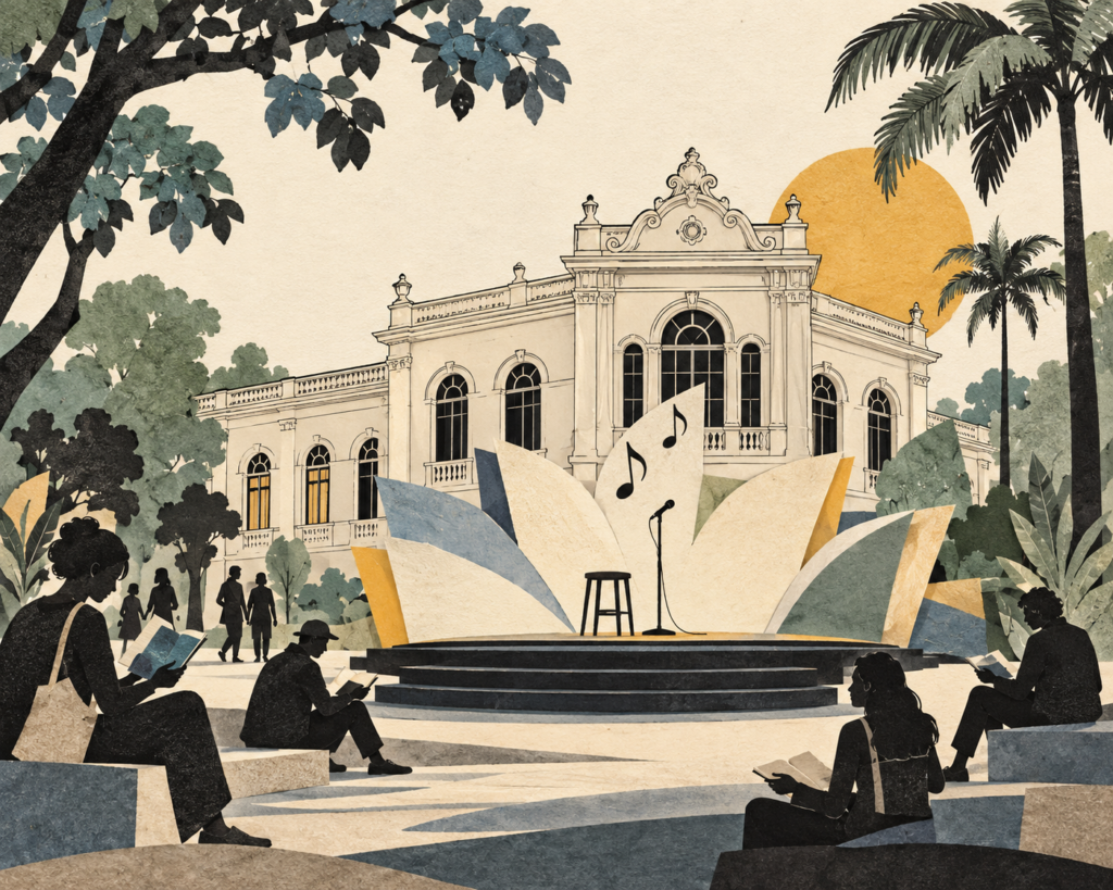Ilustração editorial JMD® para a FLAP Londrina: museu histórico, livro aberto, palco literário e leitores.