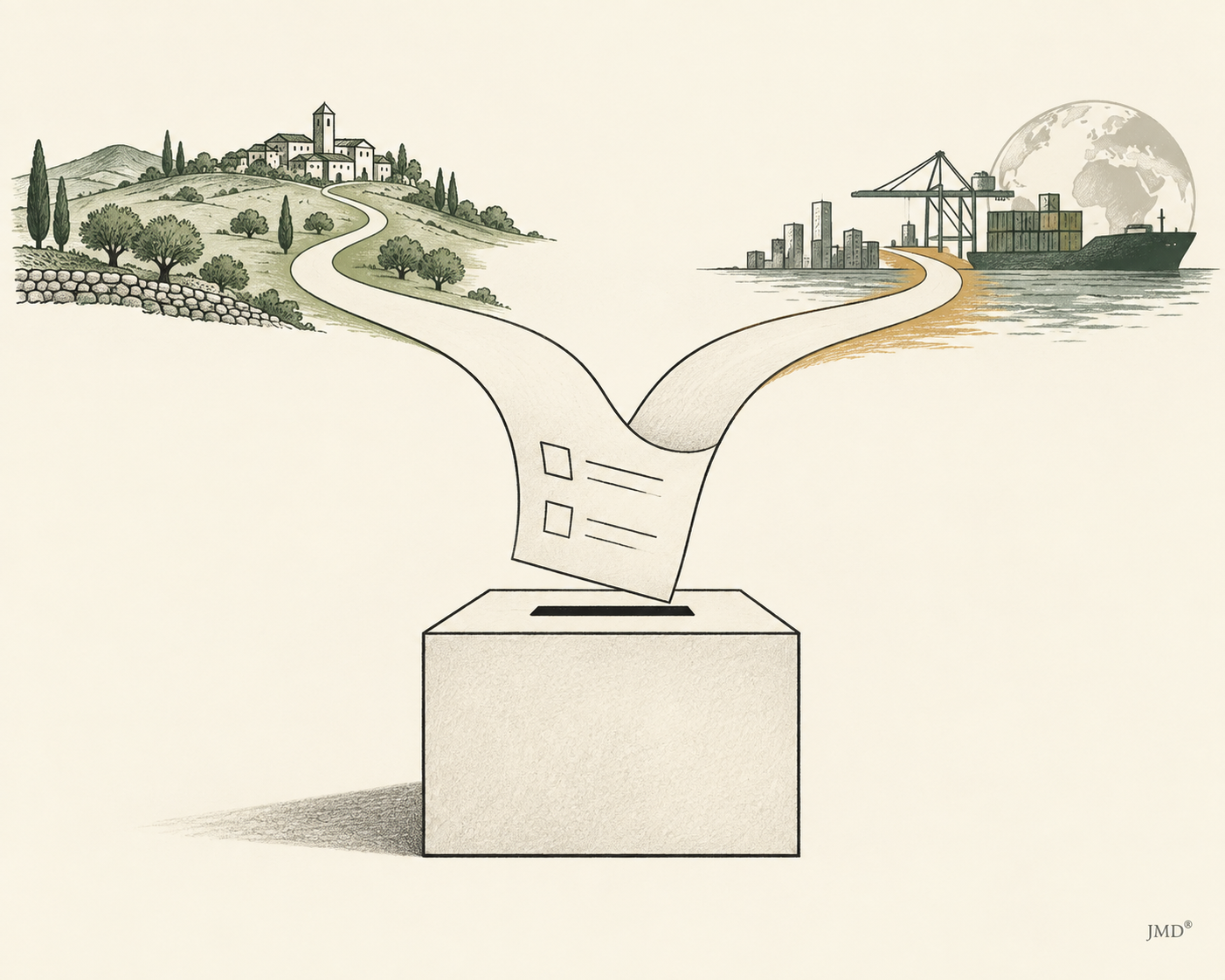 Ilustração de uma urna eleitoral e de um boletim que se abre em dois caminhos, representando soberania e liberdade de escolha.