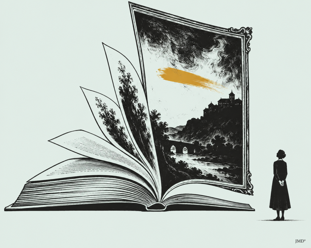Livro aberto transforma-se numa pintura observada por uma figura, com pincelada amarelo-torrada. Ilustração JMD®.