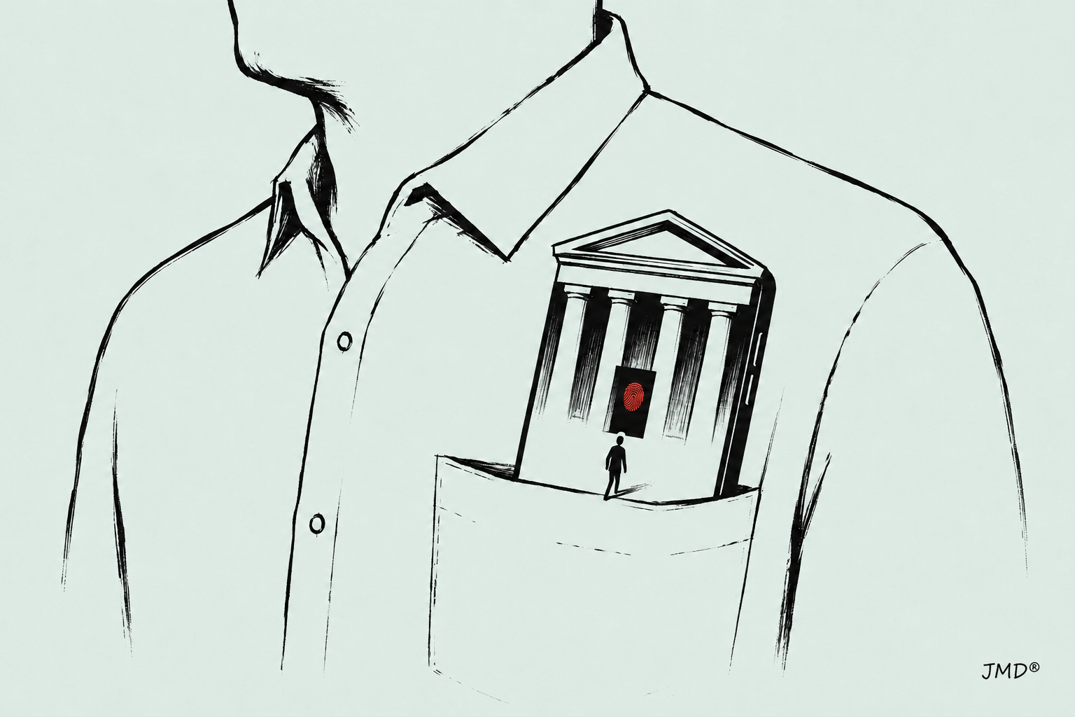 Ilustração editorial de um telefone transformado em edifício de Estado dentro do bolso de uma camisa, com uma figura humana diante de uma impressão digital vermelha.