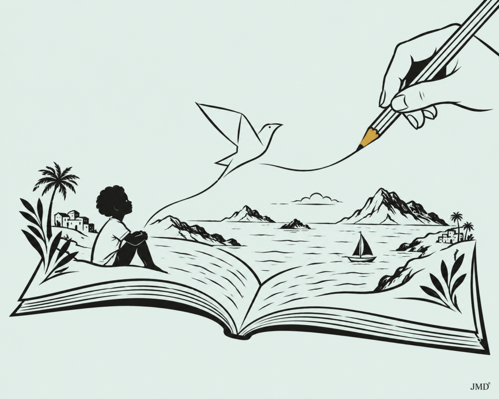 Um lápis desenha uma ave sobre um livro transformado em arquipélago atlântico. Ilustração JMD®.