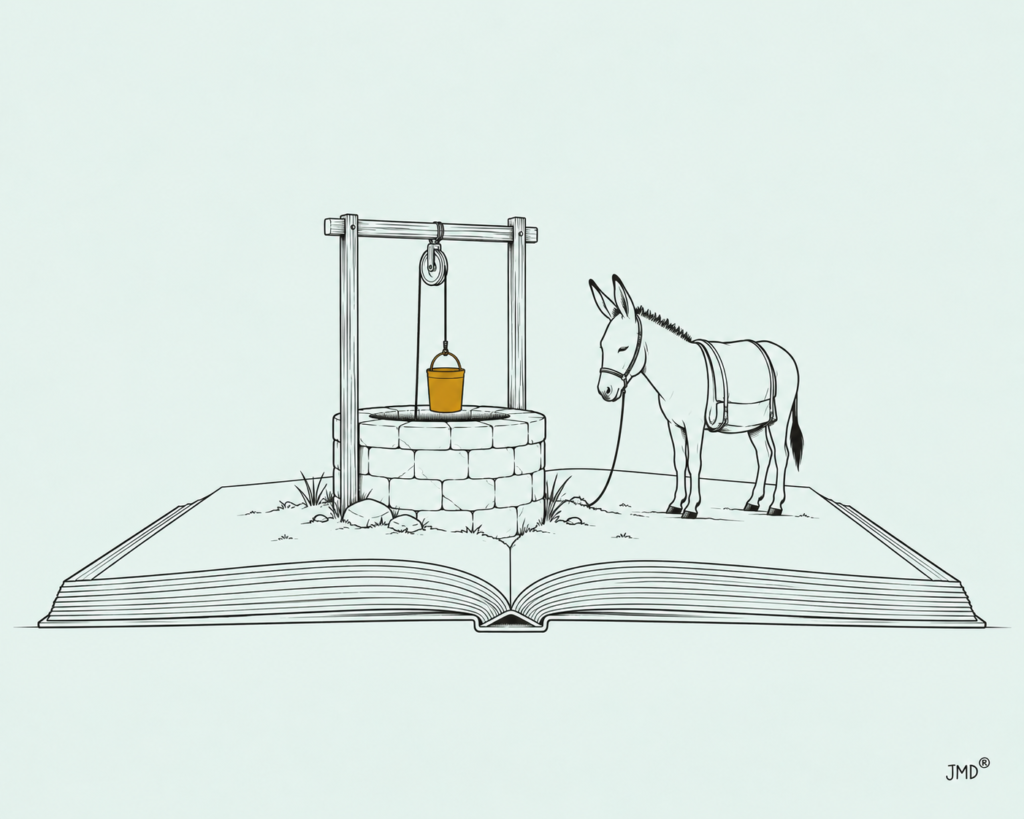 Ilustração de um poço e um jumento sobre um livro aberto, com balde amarelo-torrado e assinatura JMD®