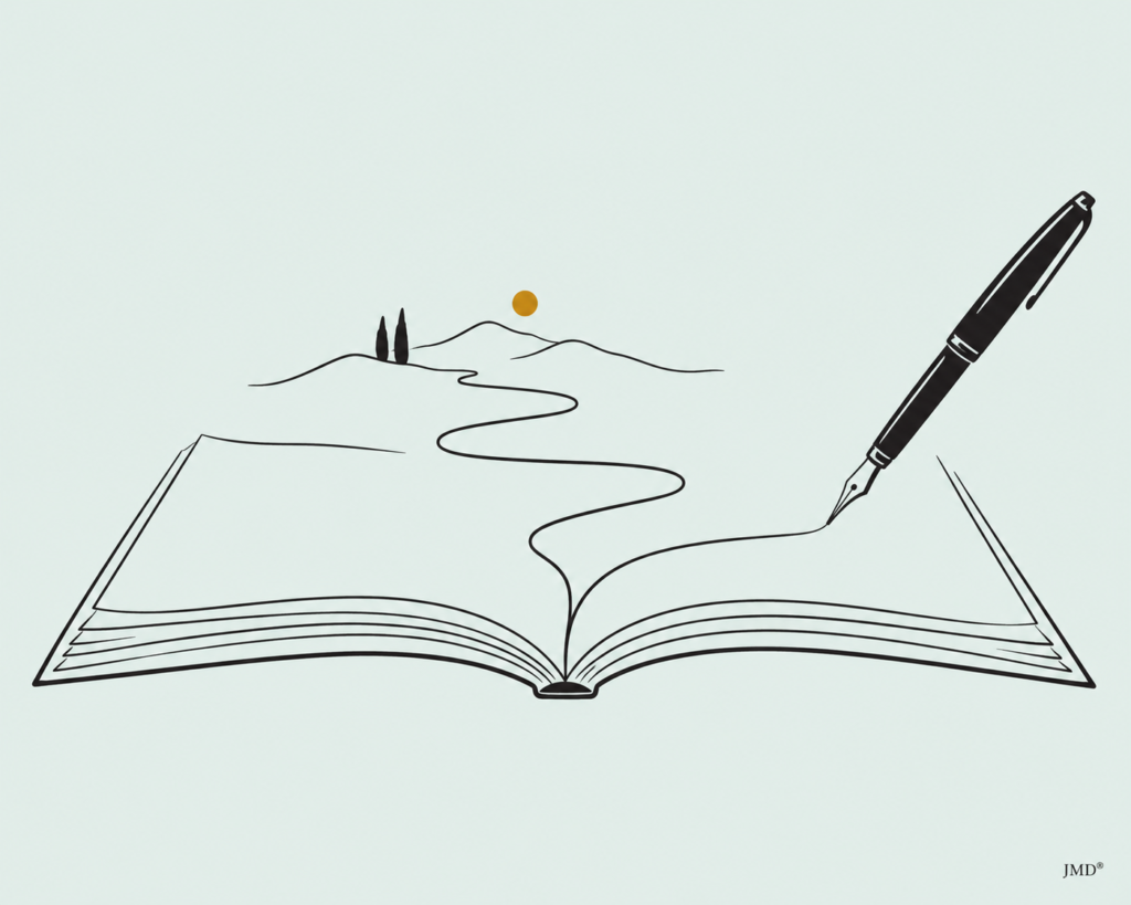 Livro aberto transforma-se numa paisagem percorrida por uma linha de escrita, com caneta e sol amarelo-torrado. Ilustração JMD®.