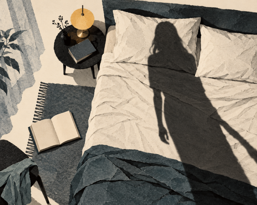 Ilustração editorial JMD® para A estranha na cama, de Raphael Montes: cama, livro aberto e sombra misteriosa.