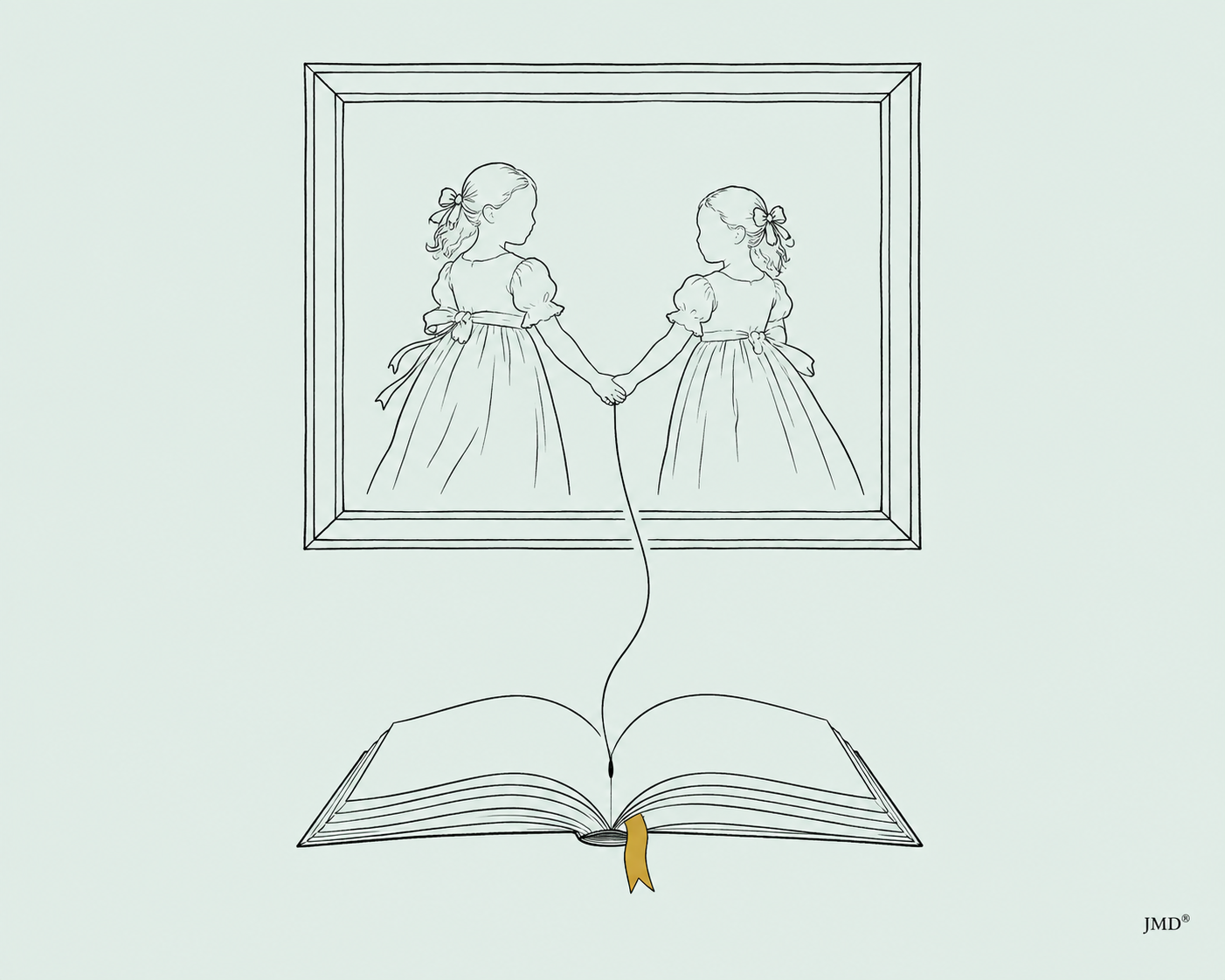 Duas meninas numa moldura ligadas a um livro aberto, com marcador amarelo-torrado. Ilustração JMD®.