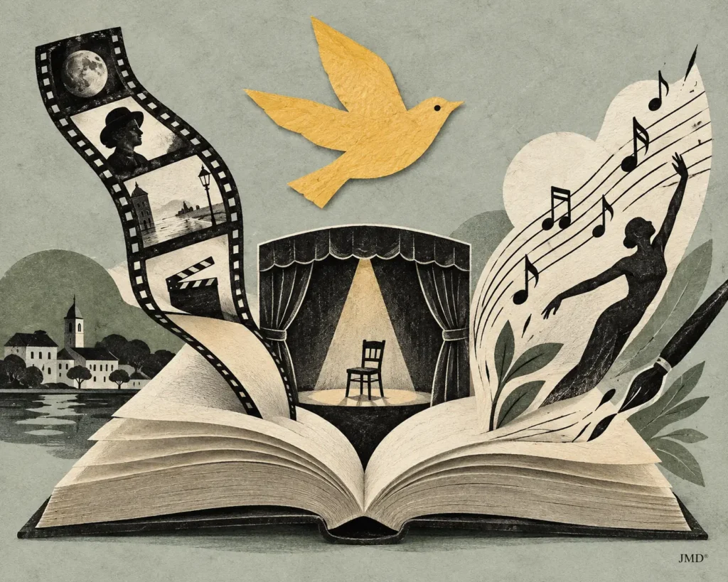 Livro aberto transforma-se em palco, cinema, música e performance, com ave amarelo-torrada — ilustração JMD®