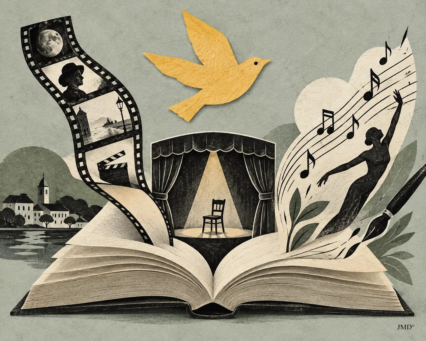 Livro aberto transforma-se em palco, cinema, música e performance, com ave amarelo-torrada — ilustração JMD®