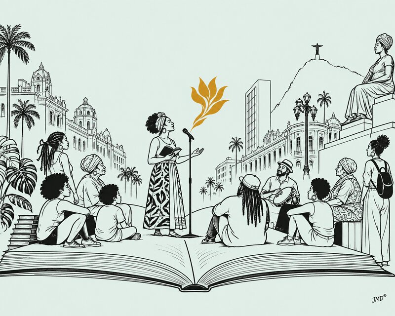 Ilustração editorial de um livro transformado em praça, com mulheres reunidas e voz amarelo-torrada ao microfone