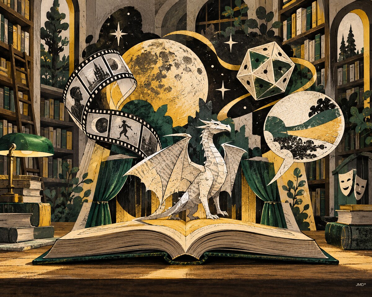 Ilustração editorial de uma biblioteca com livro-palco, dragão de papel, máscaras e dado, para o Fórum Fantástico 2026