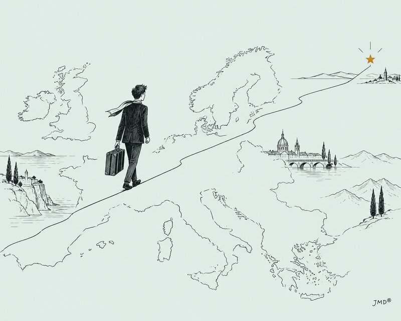 Ilustração editorial de um viajante com mala atravessando um mapa rumo a uma estrela amarelo-torrada