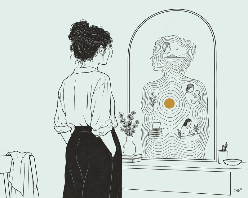 Ilustração editorial de uma mulher diante do espelho, com memórias em círculos e um centro amarelo-torrado