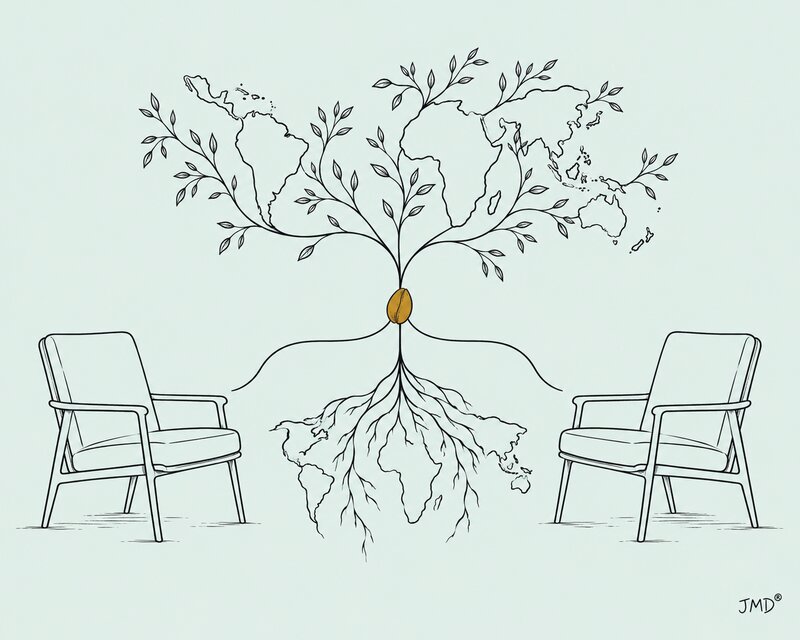 Ilustração editorial de duas cadeiras ligadas por raízes e ramos que nascem de uma semente amarelo-torrada