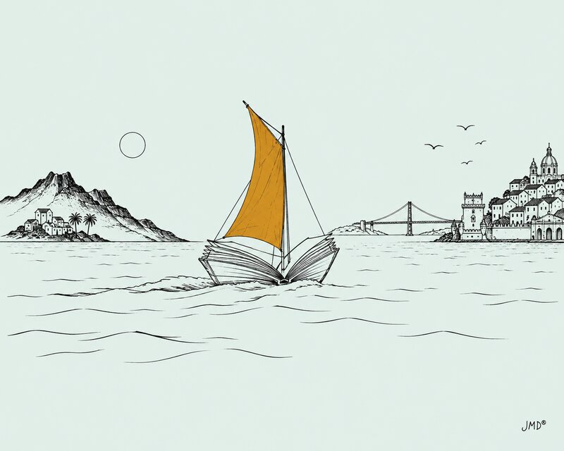 Ilustração editorial de um barco-livro entre Cabo Verde e Lisboa com vela amarelo-torrada