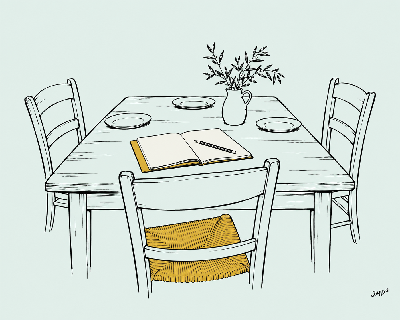 Ilustração de uma mesa familiar com três cadeiras, pratos e um caderno aberto, símbolo de novos projetos aos 60 anos.