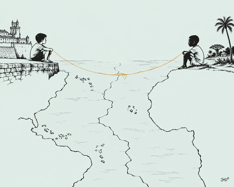 Ilustração editorial de dois jovens em margens opostas do Atlântico ligados por um fio amarelo-torrado