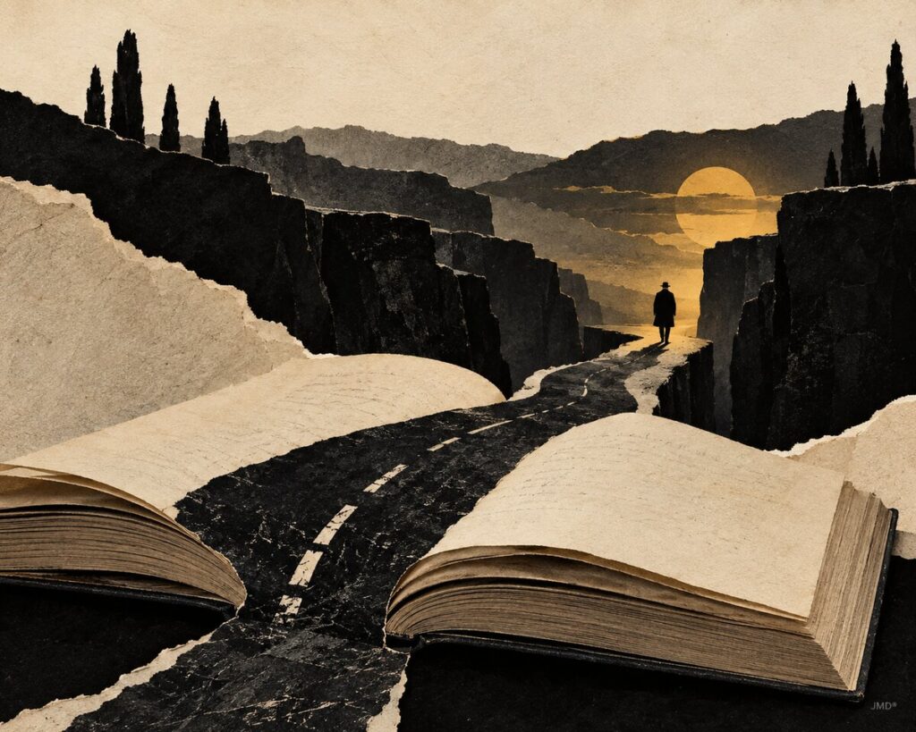 Ilustração editorial de um livro aberto transformado numa estrada escura, para O inferno cheio, de João Tordo