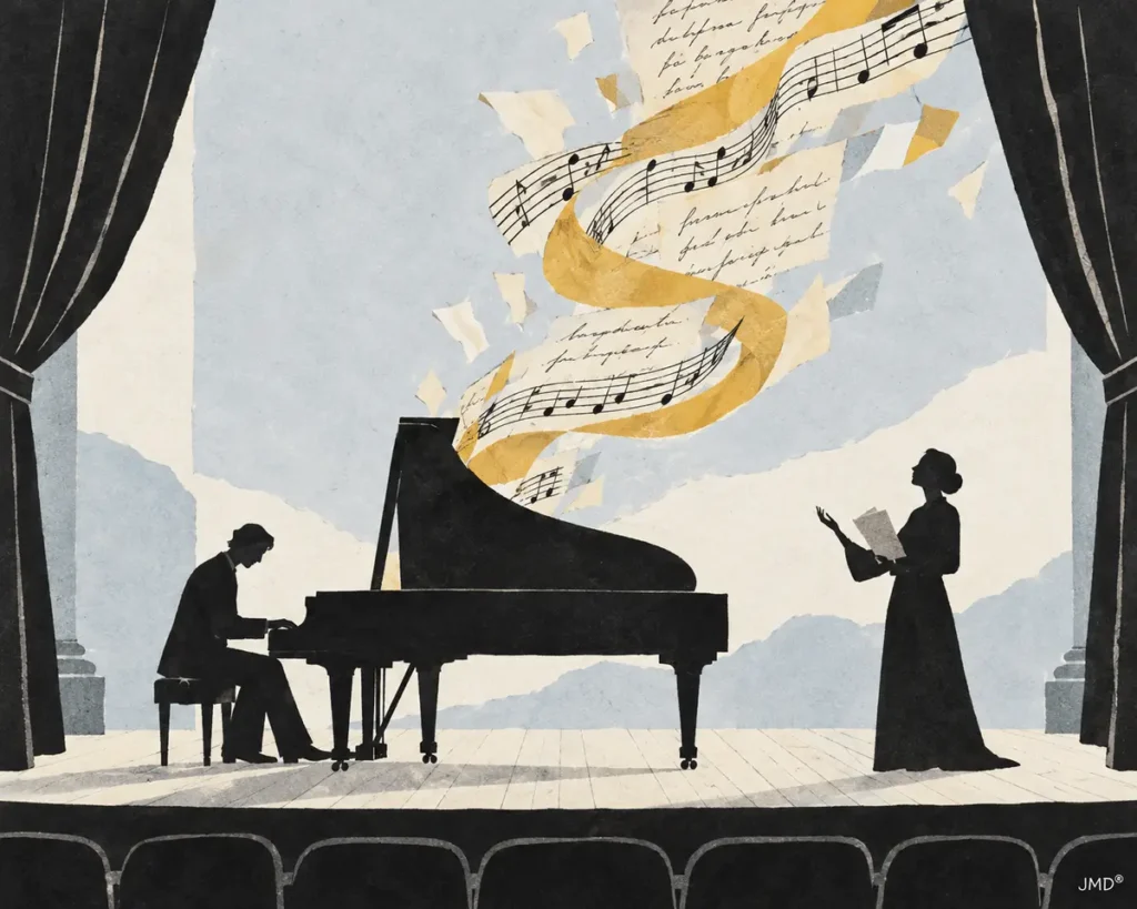 Ilustração editorial de um pianista e uma leitora em palco, com partituras e páginas a unirem música e poesia