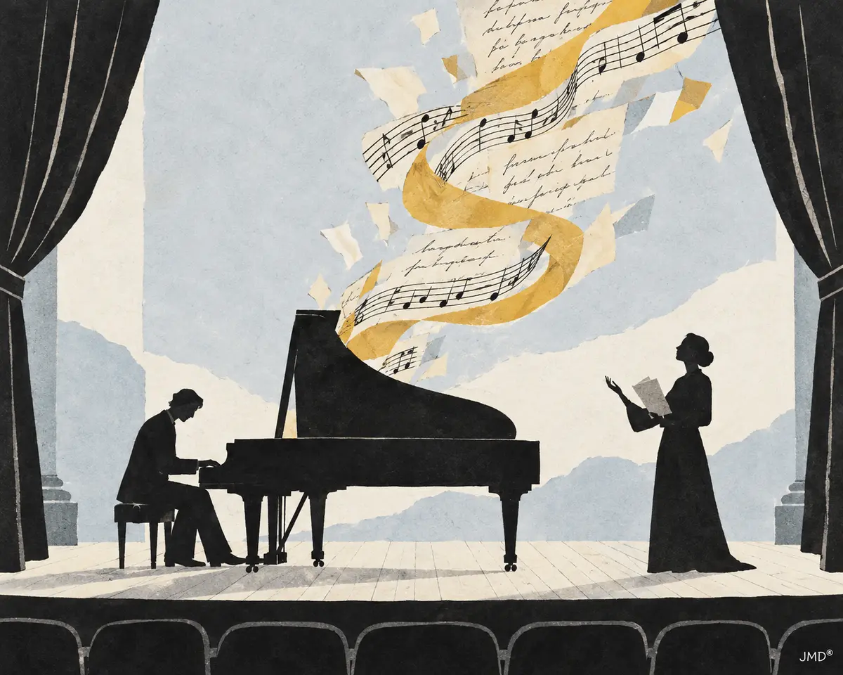 Ilustração editorial de um pianista e uma leitora em palco, com partituras e páginas a unirem música e poesia
