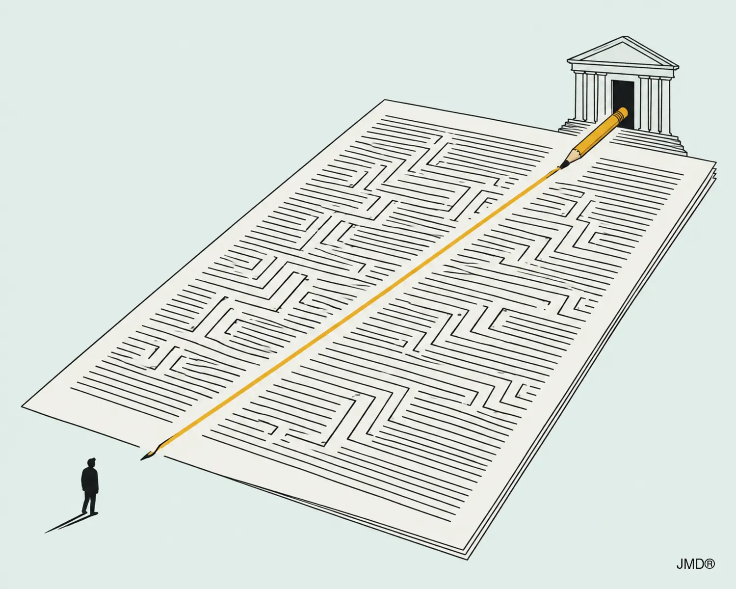 Uma folha jurídica transformada em labirinto entre um cidadão e a porta da Justiça, ilustração JMD®