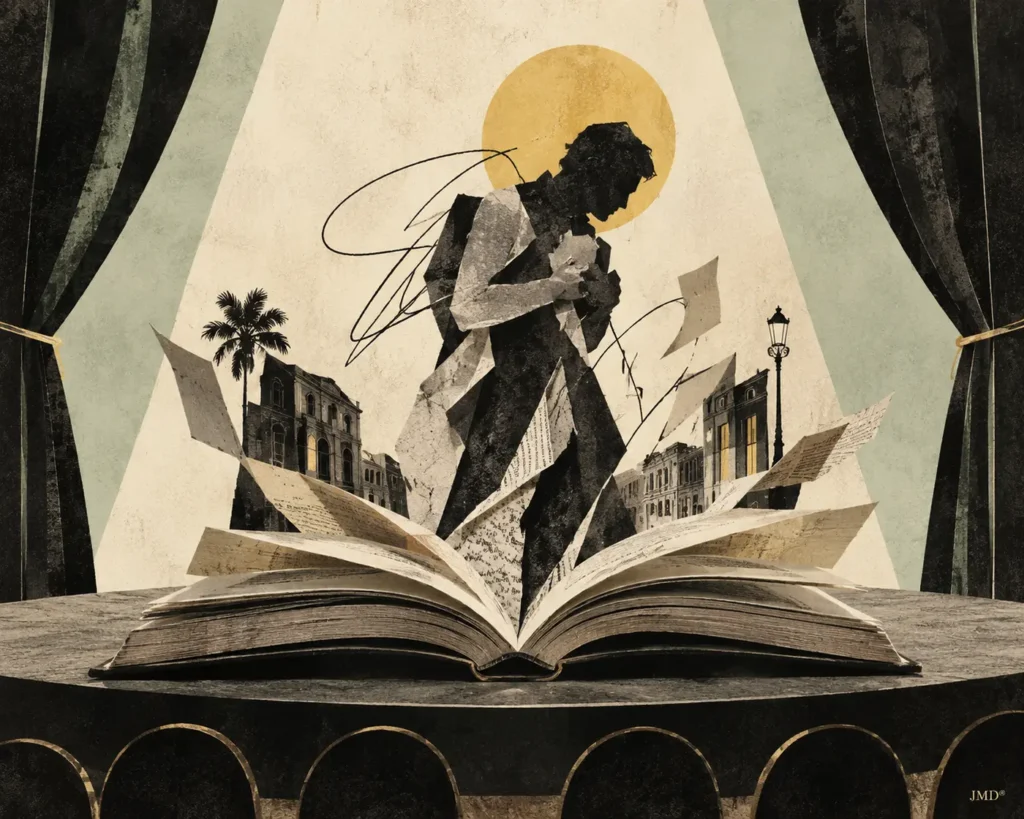Livro aberto transforma-se em palco sob um foco amarelo-torrado, evocando Pai contra mãe — ilustração JMD®