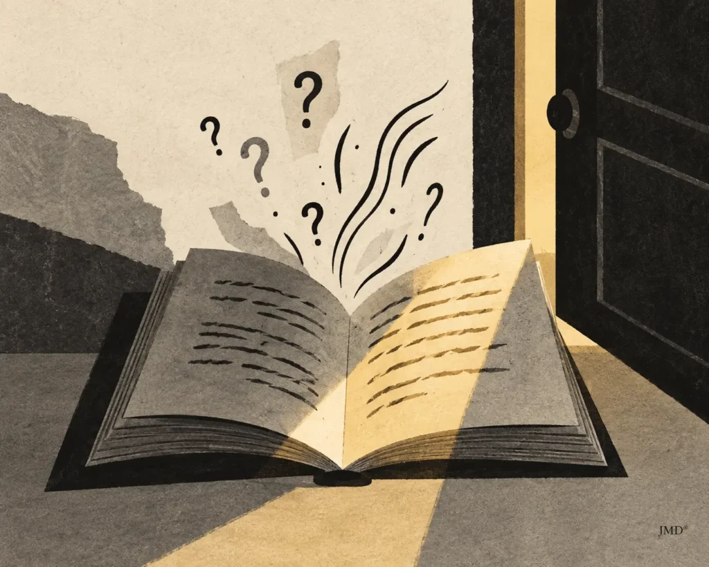 Livro aberto entre sombra e luz amarelo-torrada, com perguntas a emergir das páginas — ilustração JMD®