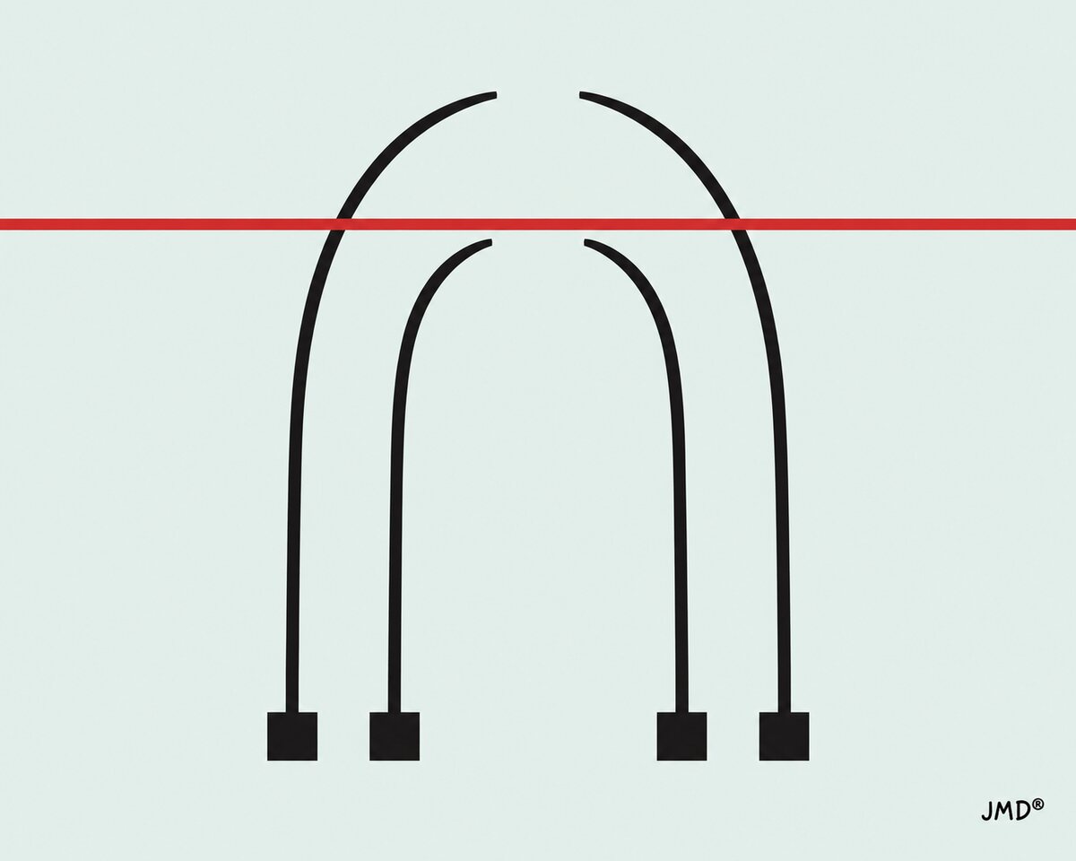 Quatro quadrados negros formam um arco interrompido pela linha vermelha da lei.