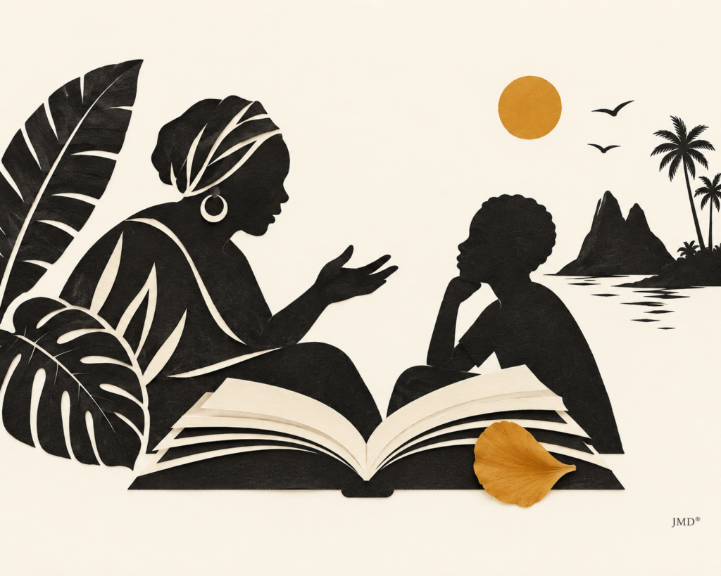 Colagem editorial com uma contadora de histórias e uma criança diante de um livro aberto, em São Tomé e Príncipe.
