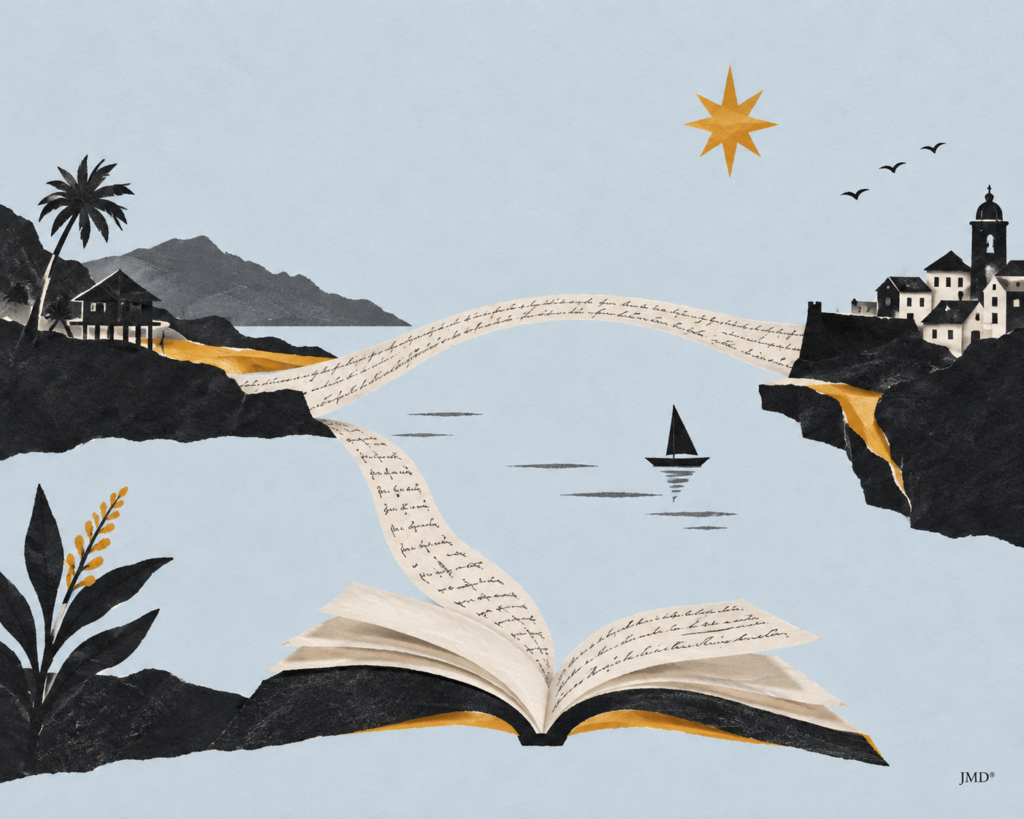 Colagem editorial de um livro que liga duas margens, simbolizando a circulação literária entre Timor-Leste e Portugal.