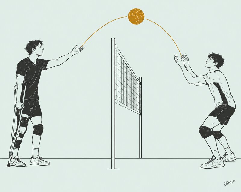Ilustração editorial de dois jogadores de voleibol ligados pela trajetória de uma bola amarelo-torrada