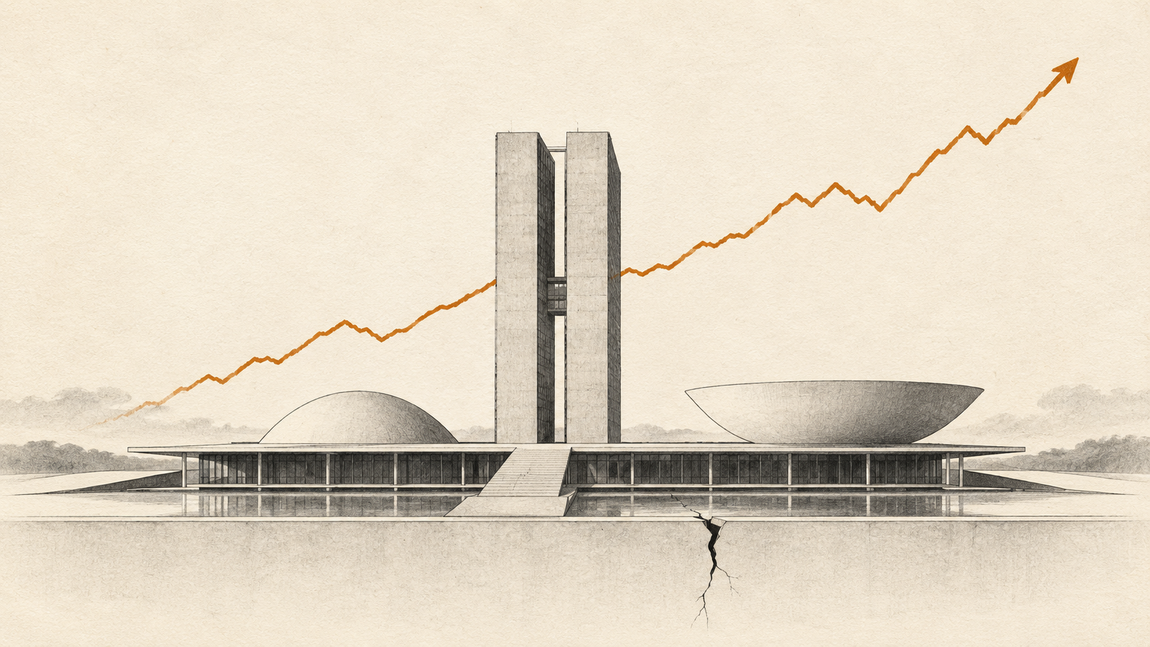 Ilustração do Congresso Nacional brasileiro sob uma linha financeira ascendente, com uma fissura simbólica na base.